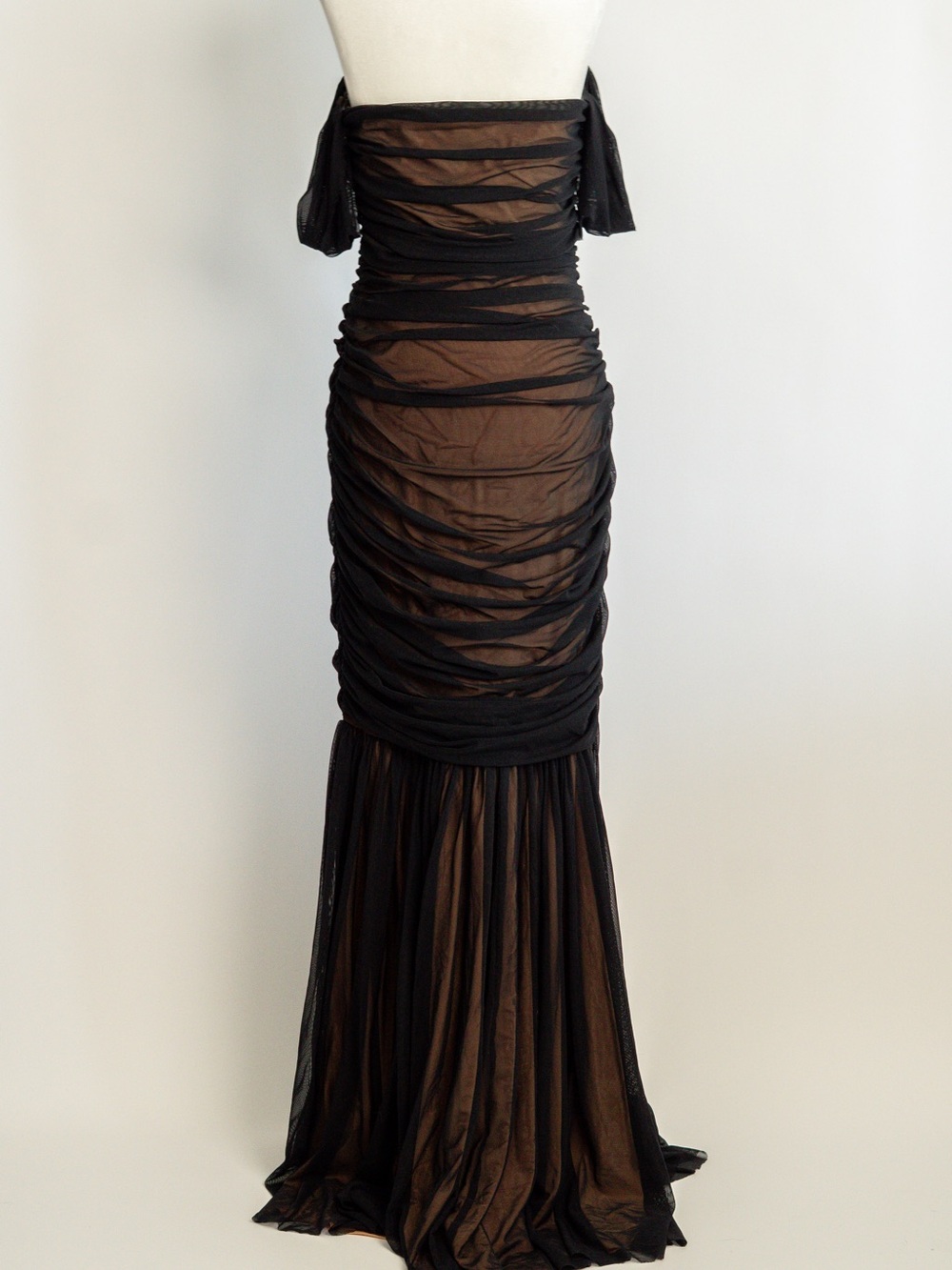 Norma Kamali Black Sheer Ruched Off-Shoulder Maxi Gown